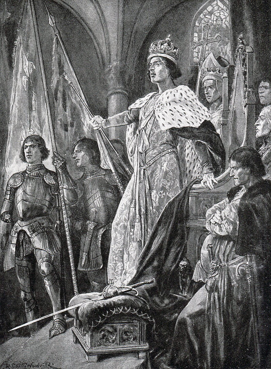 Coronation of King Edward IV on 29th June 1461 after the Battle of Towton fought on 29th March 1461 in the Wars of the Roses: picture by Richard Caton Woodville
