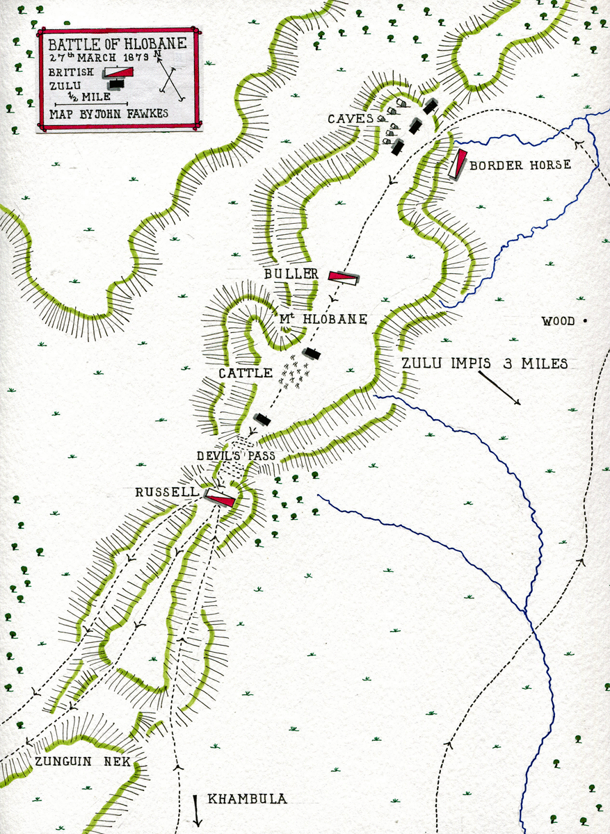 Map of Battle on Hlobane Mountain on 27th March 1879: Battle of Khambula on 29th March 1879 in the Zulu War: map by John Fawkes