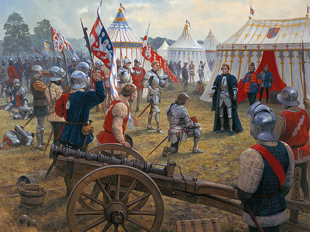 Earl of Warwick kneels to King Henry VI after the King’s capture by the Yorkists at the Battle of Northampton on 10th July 1460 in the Wars of the Roses: picture by Graham Turner