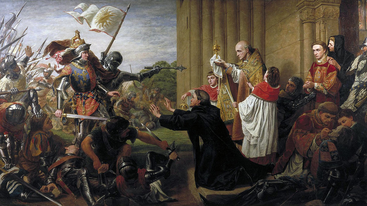 King Edward IV at the gates of Tewkesbury Abbey demanding the surrender of the Duke of Somerset from the Abbot after the Battle of Tewkesbury on 4th May 1471 in the Wars of the Roses: picture by Richard Burchett