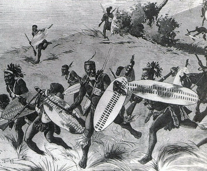 Zulus attacking at the Intombi River Disaster on 12th March 1879 in the Zulu War: Battle of Khambula on 29th March 1879 in the Zulu War