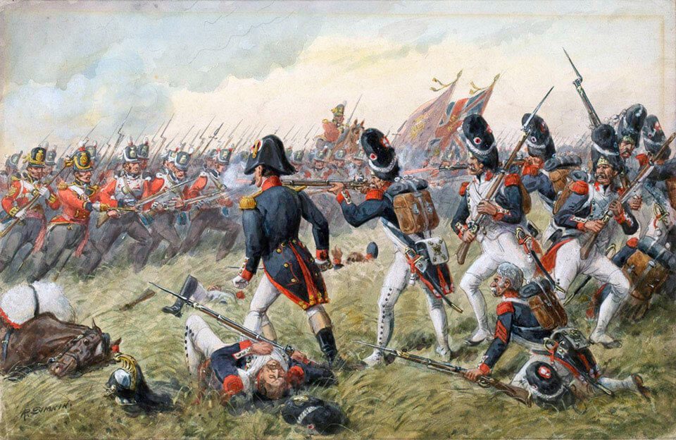 Third Regiment of Foot Guards (now Scots Guards) repulsing the attack of the Old Guard at the Battle of Waterloo on 18th June 1815: picture by Richard Simkin