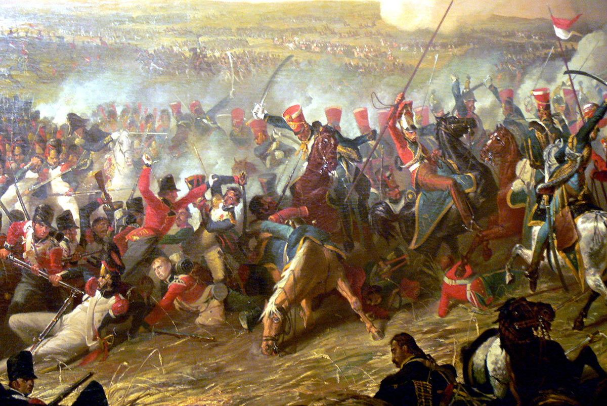 British 10th Hussars attacking the French infantry at the Battle of Waterloo on 18th June 1815: picture by Denis Dighton