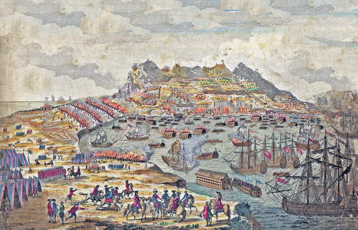 Attack on Gibraltar, using the Battering Ships and attacking by land on 13th September 1782: the Great Siege of Gibraltar from 1779 to 1783 during the American Revolutionary War: a print by Esnauts and Ropilby expressing how the Spanish and French expected the assault on Gibraltar to be executed