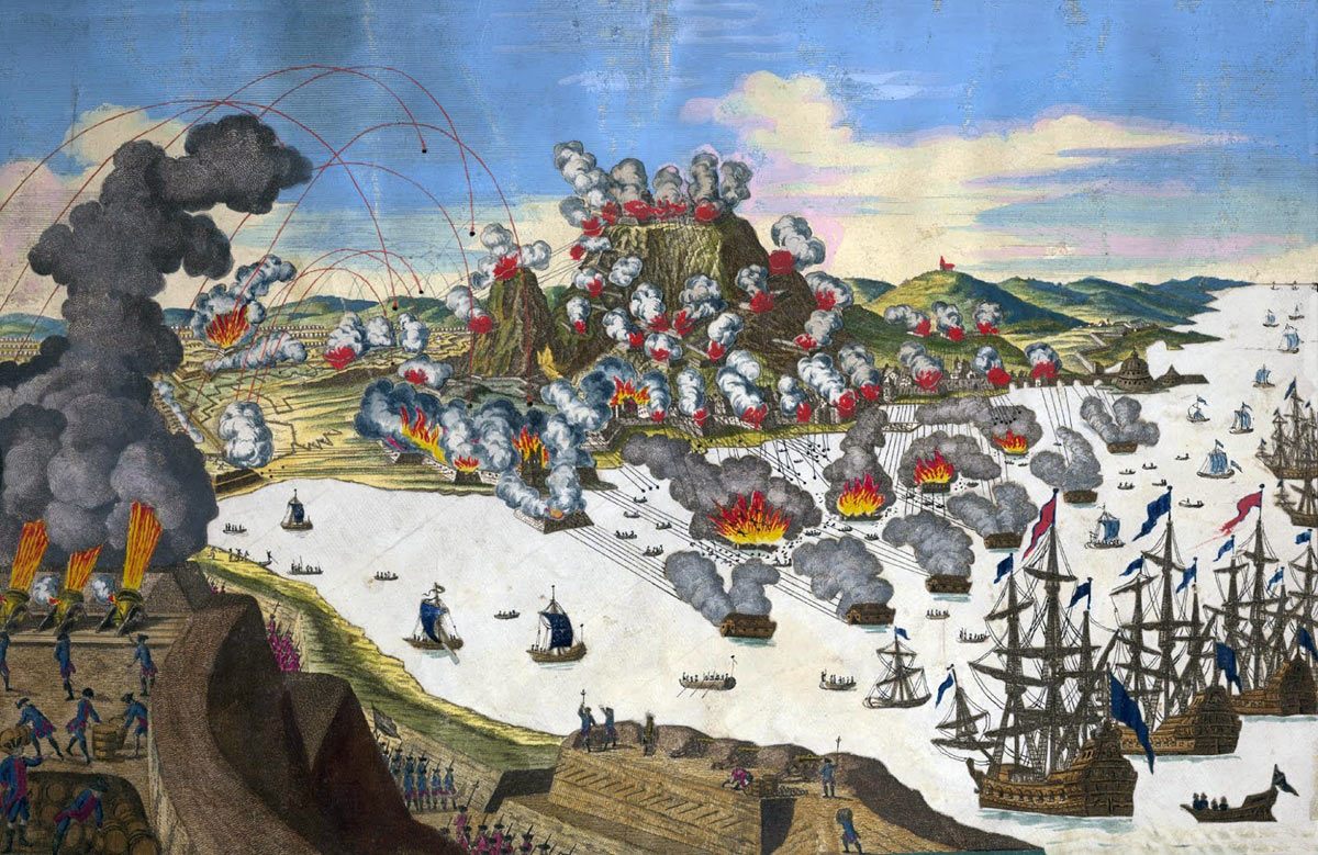 Spanish attack on 13th September 1782 using the Battering Ships: the Great Siege of Gibraltar from 1779 to 1783 during the American Revolutionary War: picture by Georg Balthasar Probst: the ten Battering Ships can be seen exploding or smoking in the middle ground