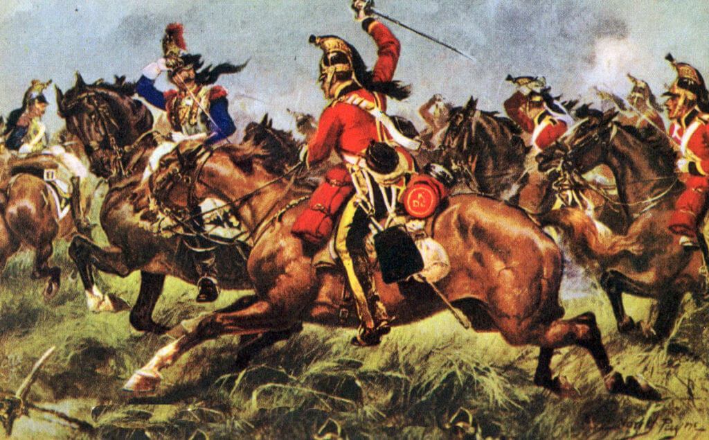Ponsonby's Union Brigade (troopers from the 6th Inniskillings, Scots Greys and Royal Dragoons) charging at the Battle of Waterloo on 18th June 1815