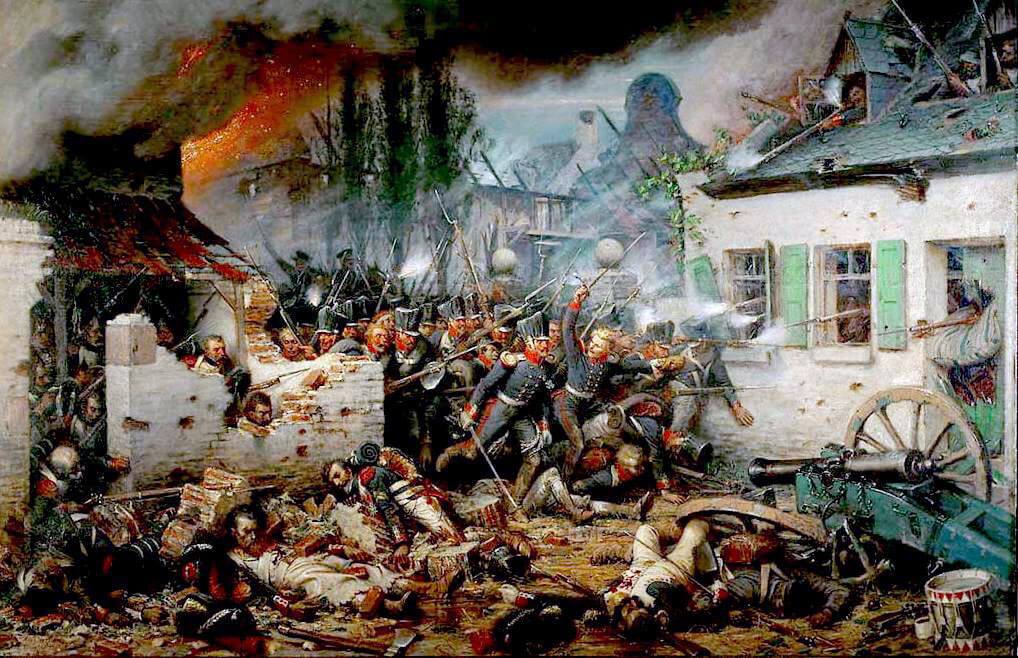 Prussian attack on Plancenoit at the Battle of Waterloo at around 7pm on 18th June 1815: picture by Adolf Northern