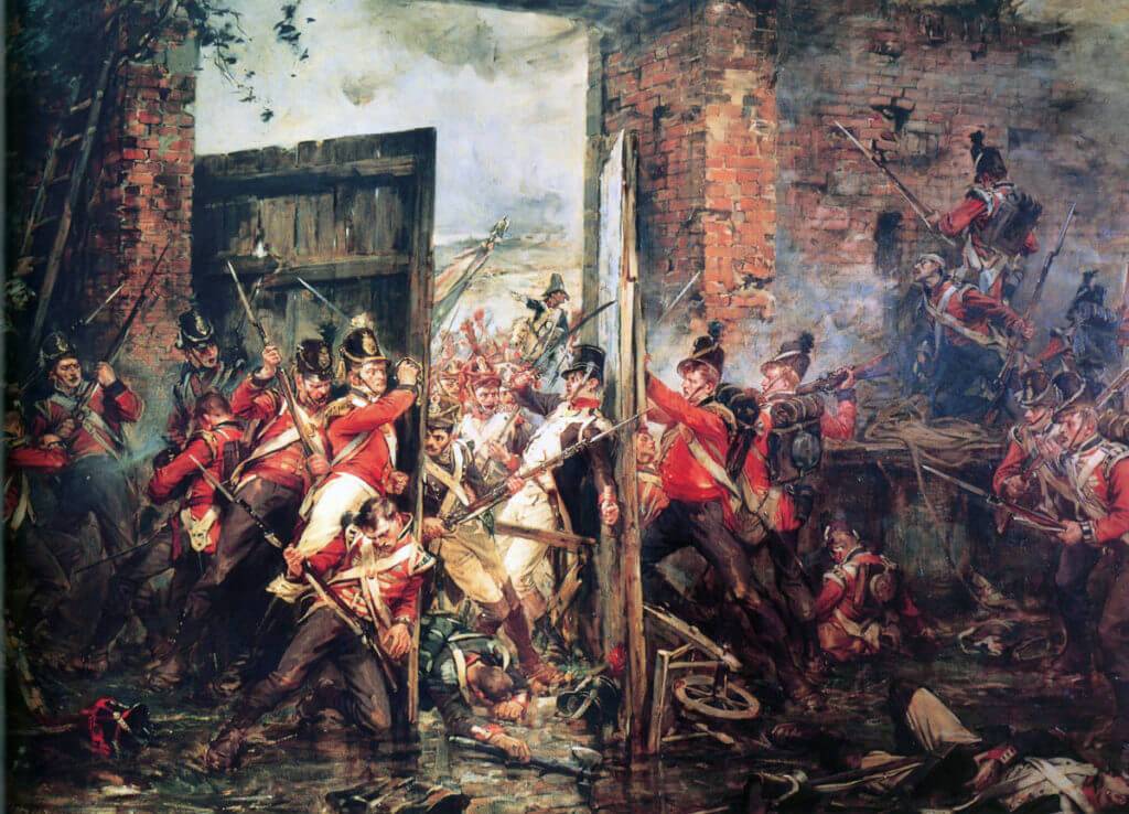 The struggle to close the gates of Hougoumont Château: Battle of Waterloo on 18th June 1815: picture by Richard Gibb