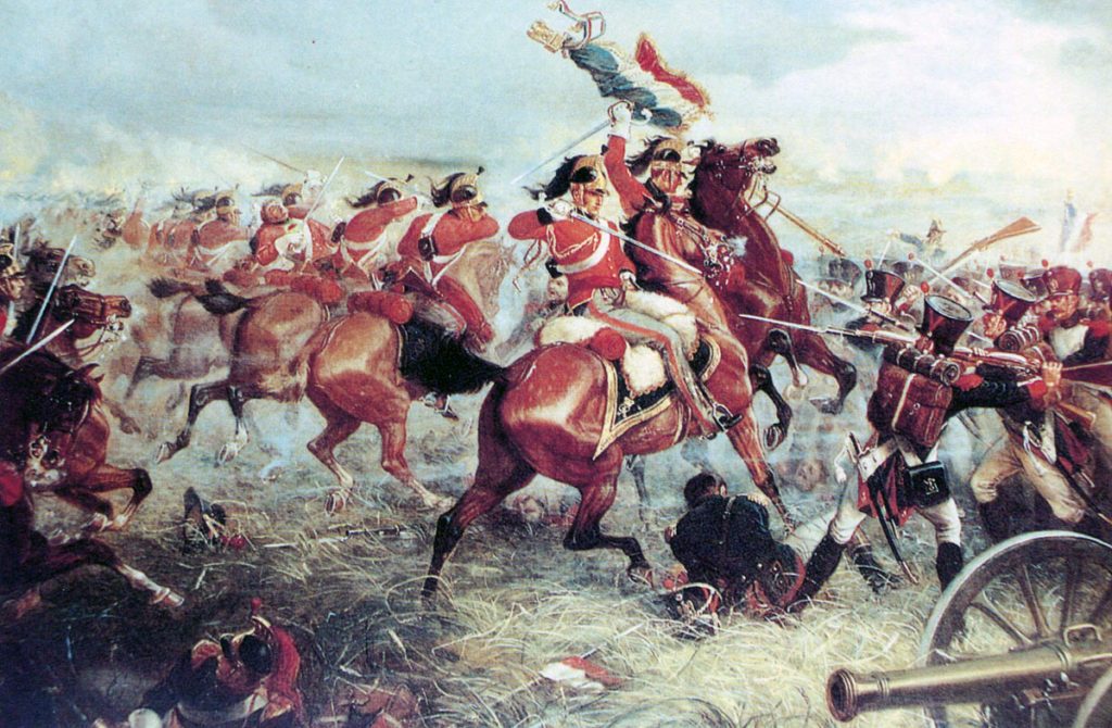 Captain Clark-Kennedy and Corporal Stiles of the Royal Dragoons capture the Standard and Eagle of the 105th of the Line at the Battle of Waterloo on 18th June 1815: picture by William Holmes Sullivan