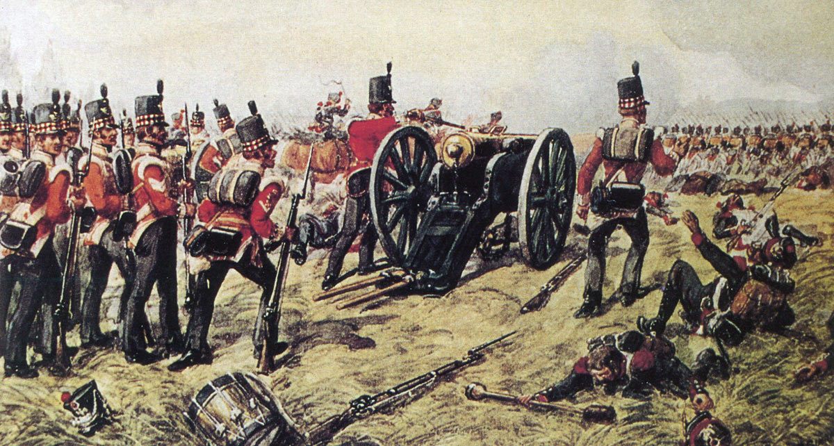 71st Highland Light Infantry firing the last shot of the Battle of Waterloo at 7pm on 18th June 1815 with a captured French cannon: picture by Richard Simkin