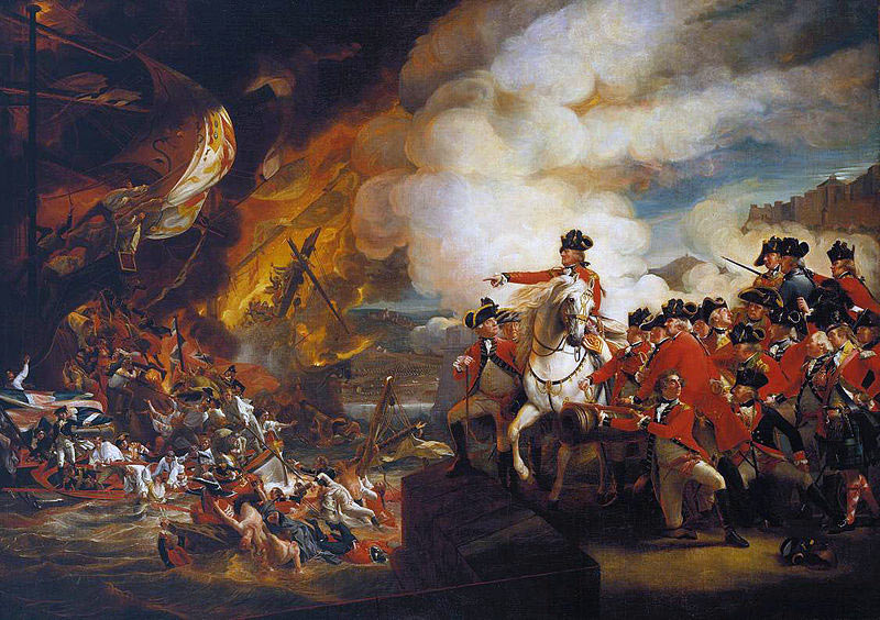 General Eliott watches the destruction of the Spanish Battering Ships on 13th September 1782 during the Siege of Gibraltar, 1779 to 1783 in the American Revolutionary War: picture by John Singleton Copley