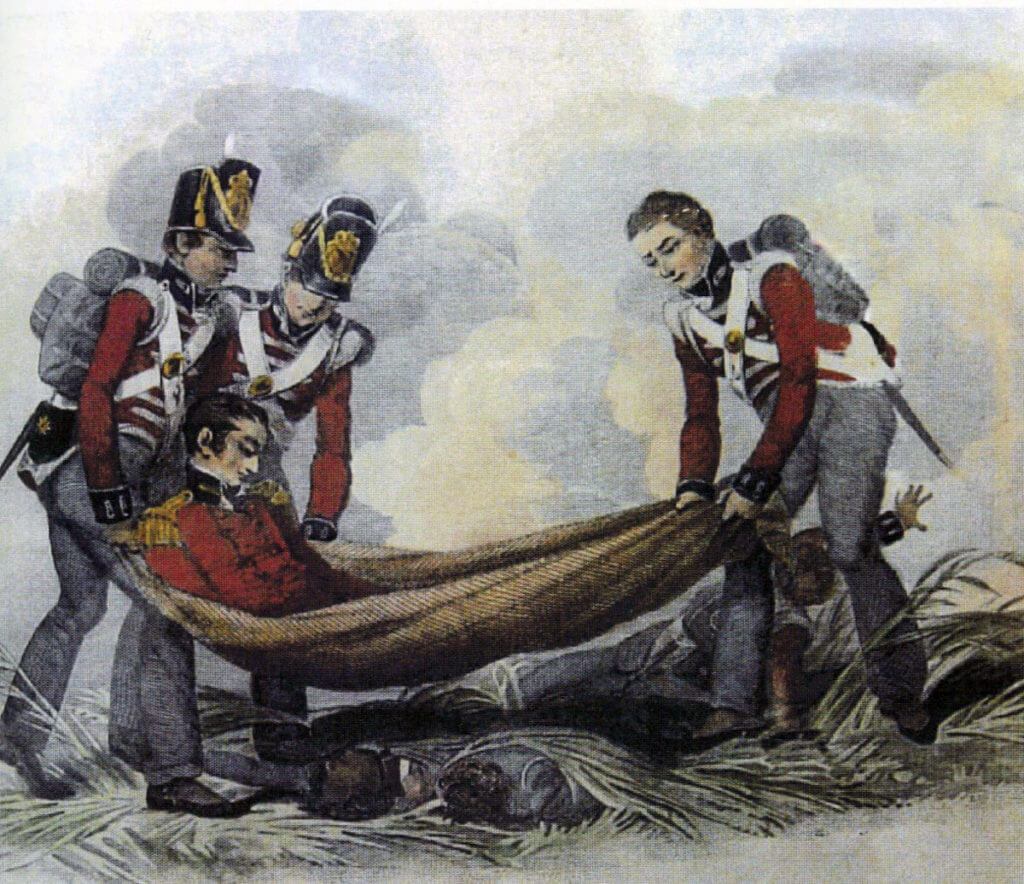 Fatally wounded Colonel Sir Alexander Gordon carried from the field at the Battle of Waterloo on 18th June 1815