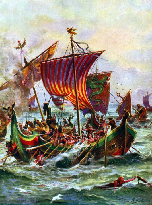 King Alfred’s ships fighting marauding Vikings: Battle of Ashdown 8th January 871 AD in the Danish Wars: picture by Harry Payne