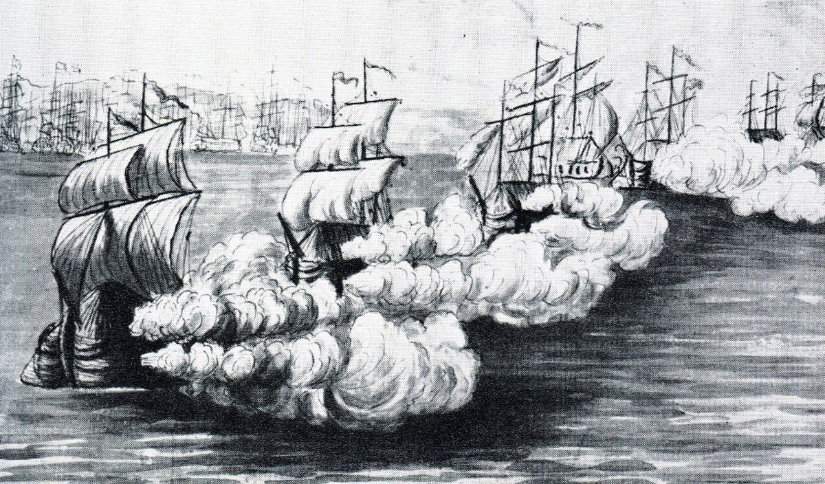 The Ten Spanish Battering Ships in action on 13th September 1782: the Great Siege of Gibraltar from 1779 to 1783 during the American Revolutionary War: eye witness sketch by Lieutenant G.F. Koehler