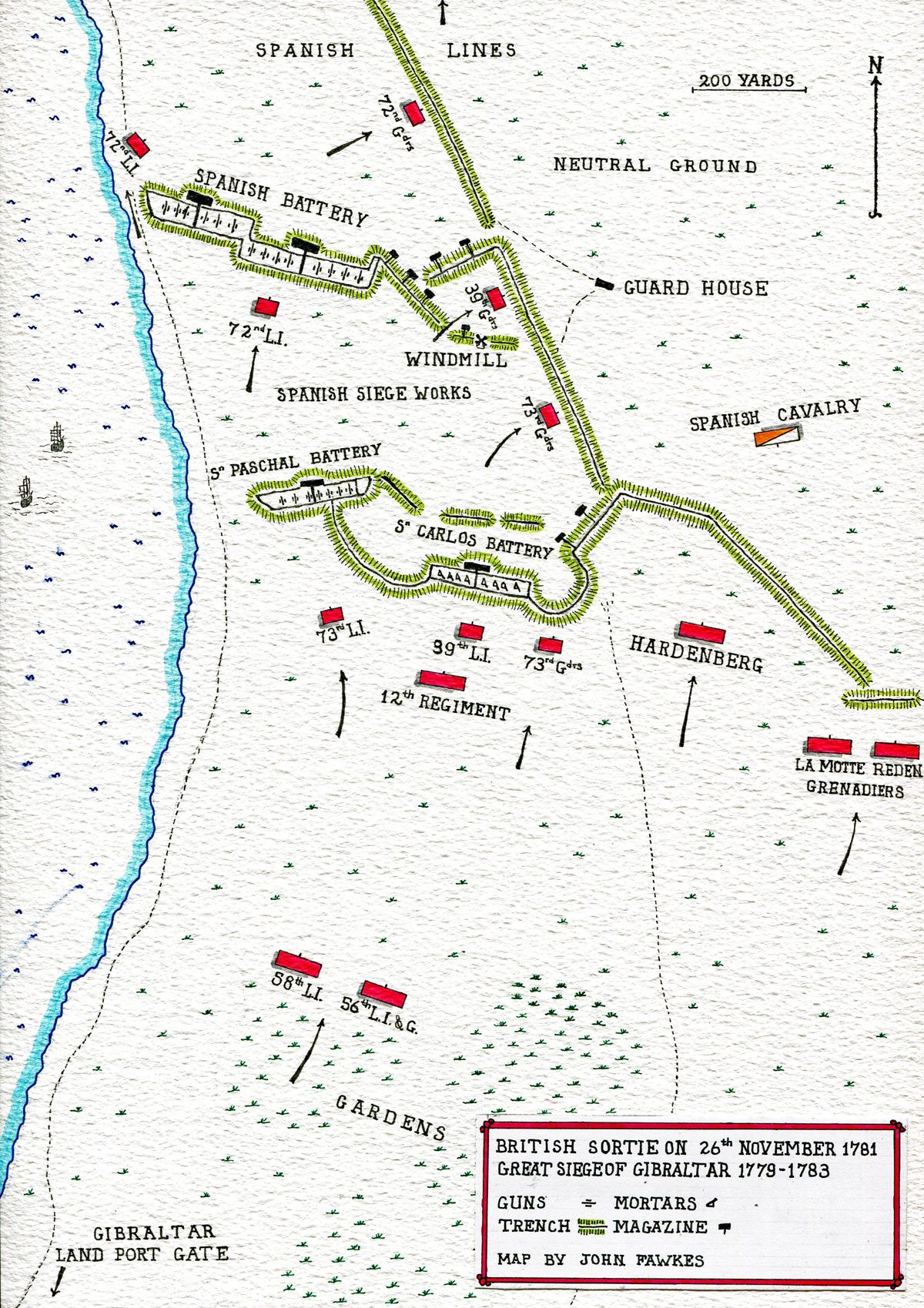 Map of the British Sortie on 26th November 1781: the Great Siege of Gibraltar from 1779 to 1783 during the American Revolutionary War: map by John Fawkes