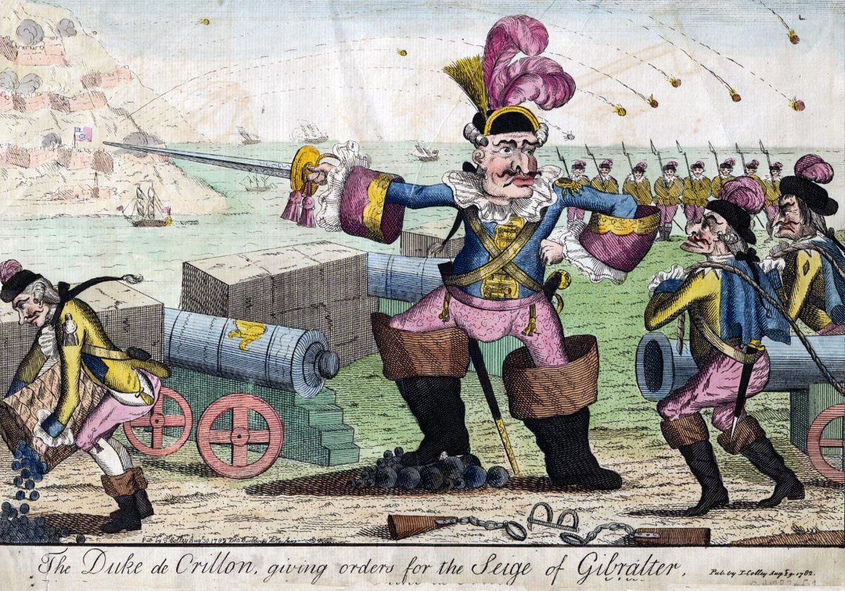 Duc de Crillon giving orders for the attack on Gibraltar: the Great Siege of Gibraltar from 1779 to 1783 during the American Revolutionary War: a British image