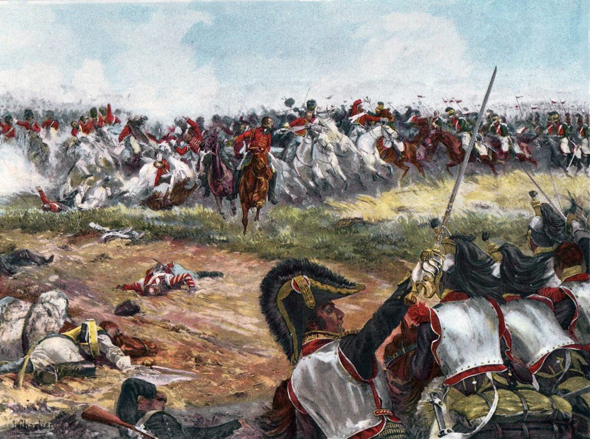 British Union Brigade counterattacked by French Cuirassiers and Lancers at the Battle of Waterloo on 18th June 1815: picture by Chartier