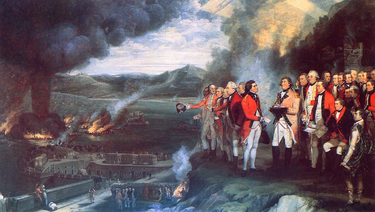 General Eliott and his senior officers watching the destruction of the Spanish Battering Ships on 13th September 1782, during the Great Siege of Gibraltar from 1779 to 1783 during the American Revolutionary War: picture by George Carter