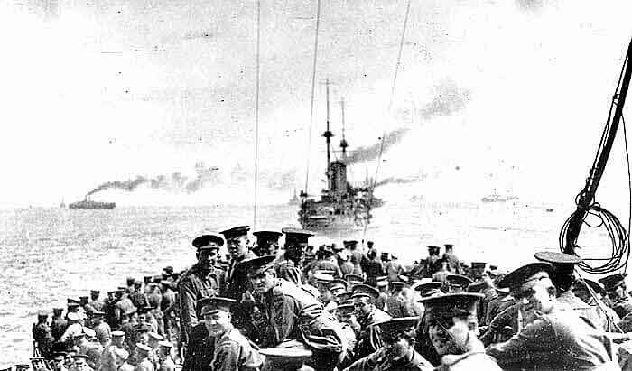 11th Battalion Australian Imperial Force and 1st Field Company Australian Engineers on HMS London sailing 24th April 1915 from the Greek Island of Lemnos for the landing on Gallipoli: Gallipoli Part III, ANZAC landing on 25th April 1915 in the First World War