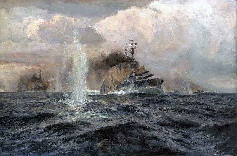 Admiral Beatty’s flagship HMS Lion at the Battle of Dogger Bank on 24th January 1915 in the First World War: picture by Arthur Burgess