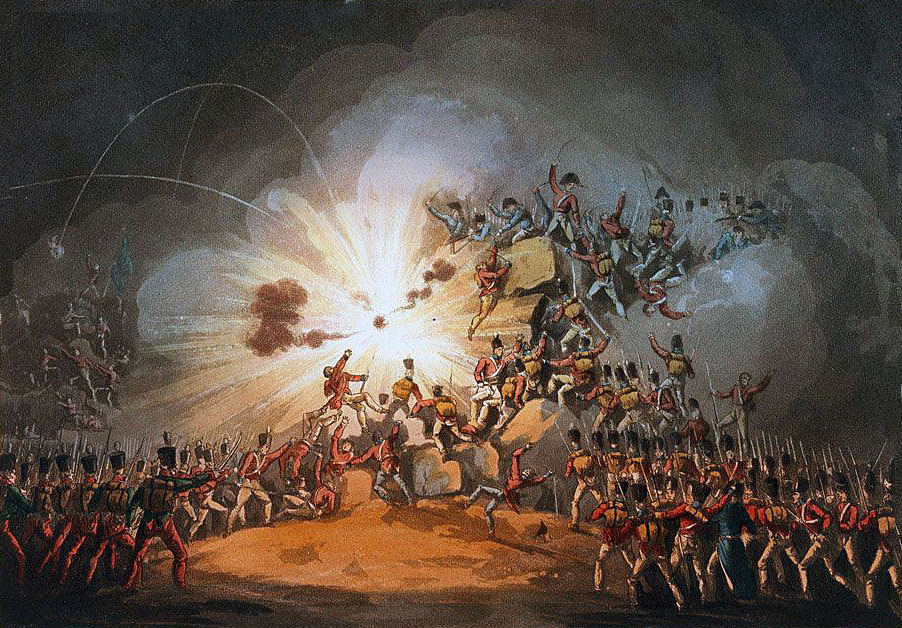 Explosion of the French magazine in the Main Breach, during the Storming of Ciudad Rodrigo on 19th January 1812 in the Peninsular War