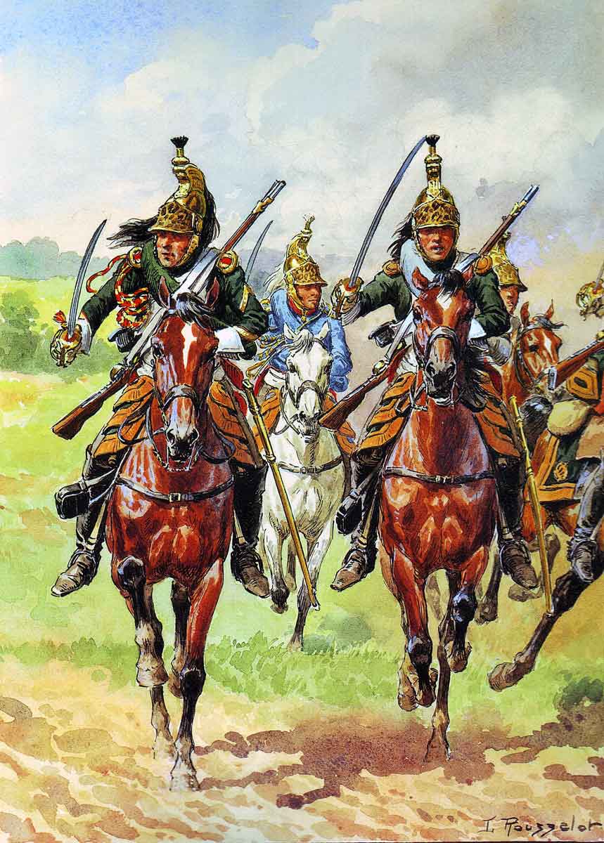 French Dragoons attacking: Battle of Usagre on 25th May 1811 in the Peninsular War: picture by Rousselot
