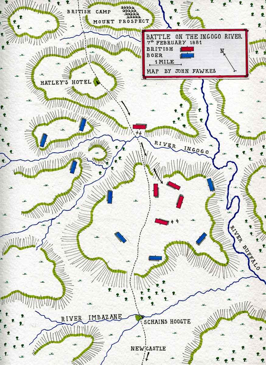 Map of the Ingogo River engagement on 7th February 1881: map by John Fawkes
