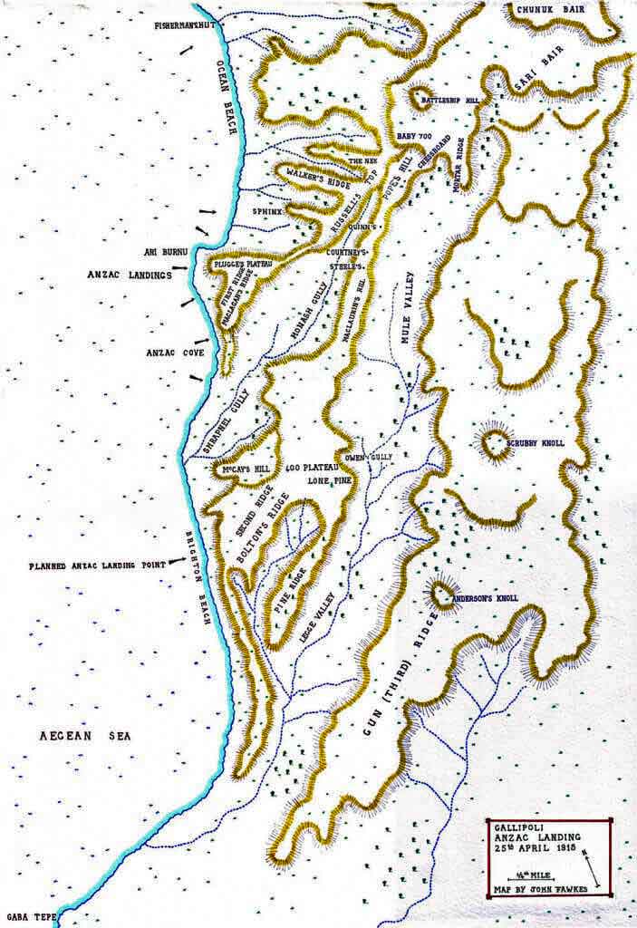 Map of the Anzac landing on Gallipoli 25th April 1915: Gallipoli Part III, ANZAC landing on 25th April 1915 in the First World War: map by John Fawkes