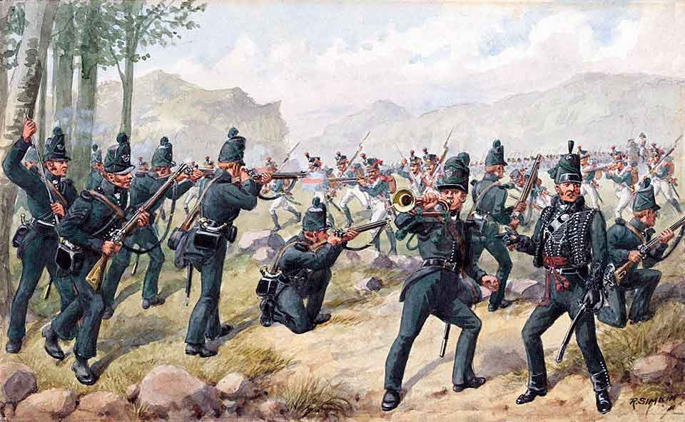 95th Rifles at the Battle of Sabugal on 3rd April 1811 in the Peninsular War: picture by Richard Simkin