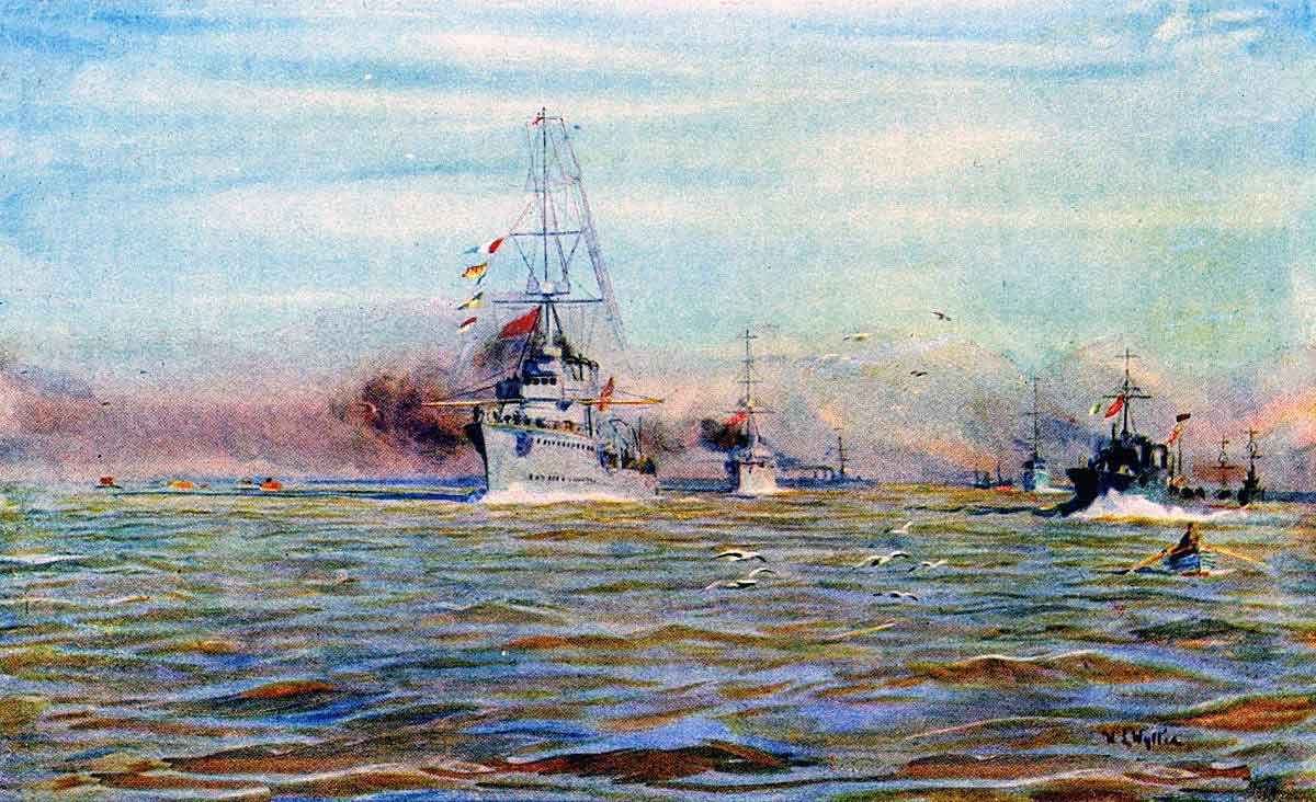 British Light Cruisers and Destroyers putting to sea from Harwich on 24th January 1915 for the Battle of Dogger Bank in the First World War: picture by Lionel Wyllie in the First World War