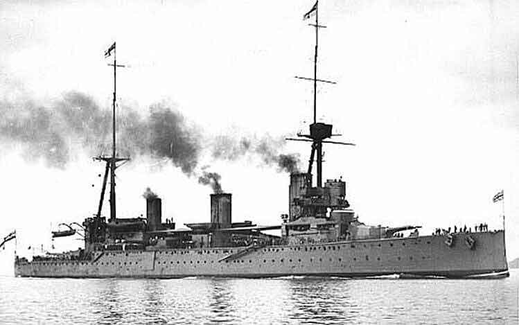 HMS New Zealand one of Admiral Beatty’s battle cruisers and Admiral Moore’s flagship at the Battle of Dogger Bank on 24th January 1915 in the First World War