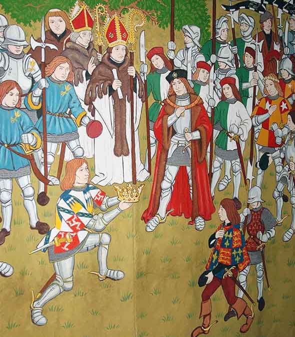 Lord Stanley presents King Richard III's crown to Henry Tudor after the Battle of Bosworth Field on 22nd August 1485 in the Wars of the Roses: 15th century tapestry