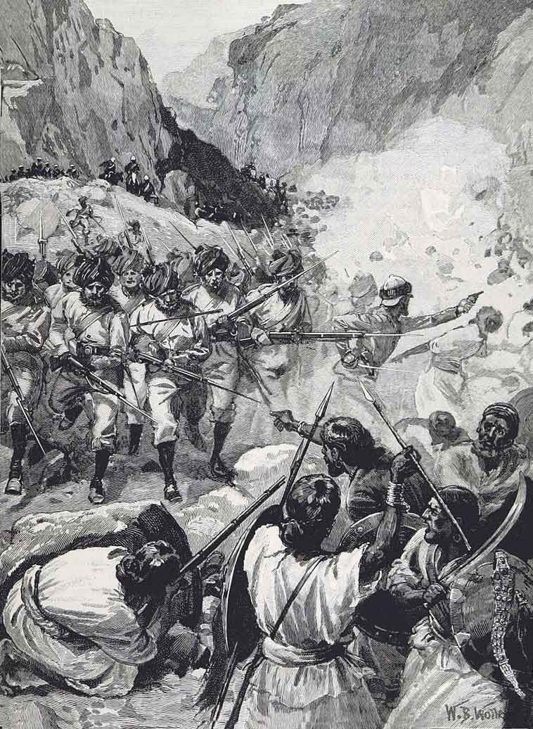 23rd Punjab Pioneers attack with the bayonet: Battle of Magdala on 13th April 1868 in the Abyssinian War: picture by William Barnes Wollen