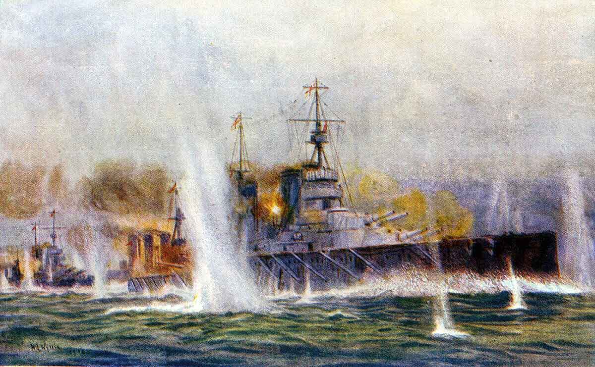 British battle cruisers HMS Lion, Tiger (known as ‘the big cats’) and Princess Royal in chase of the German squadron of Admiral Hipper on 24th January 1915 in the Battle of Dogger Bank in the First World War: picture by Lionel Wyllie