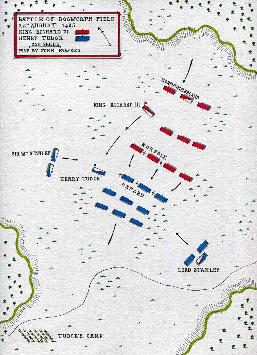 Map of the Battle of Bosworth Field on 22nd August 1485 in the Wars of the Roses: map by John Fawkes