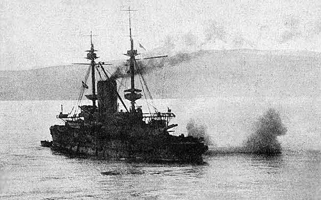 British battleship HMS Albion in the Dardanelles. Albion provided the support for the landings on V Beach Cape Helles Gallipoli on 25th April 1915
