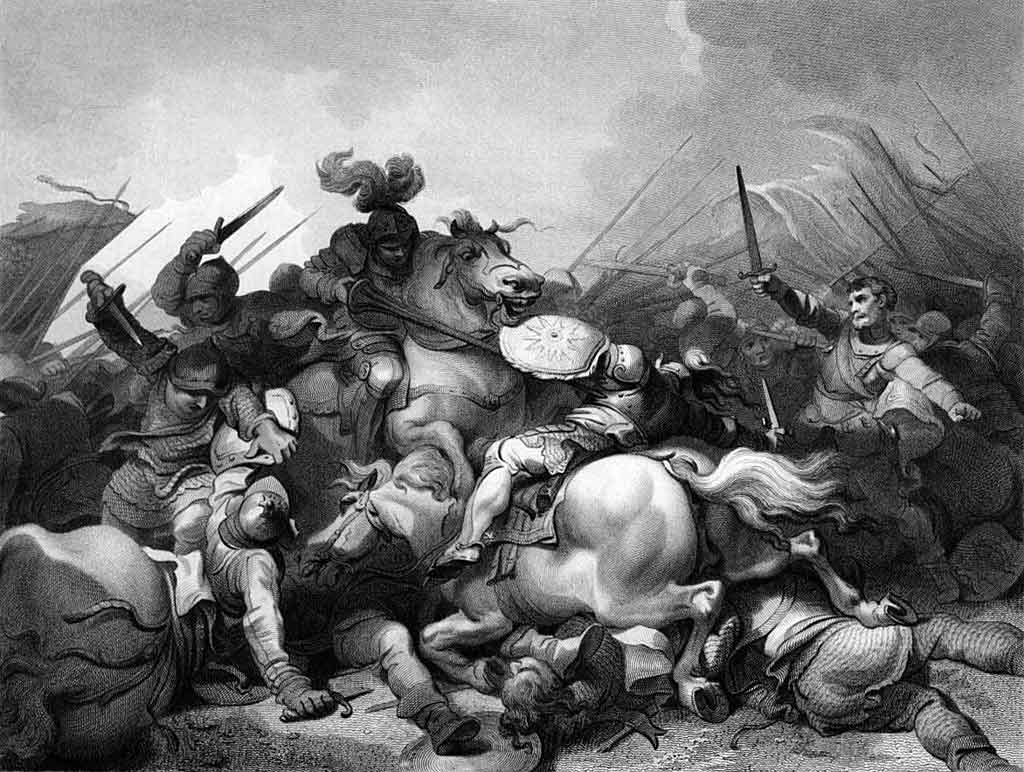 Battle of Bosworth Field on 22nd August 1485 in the Wars of the Roses: picture by Philip James de Loutherbourg