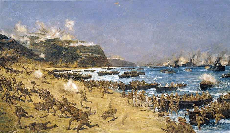 Australian and New Zealand troops landing at Anzac Cove, Gallipoli, on 25th April 1915: picture by Charles Edward Dixon: Gallipoli Part III, ANZAC landing on 25th April 1915 in the First World War