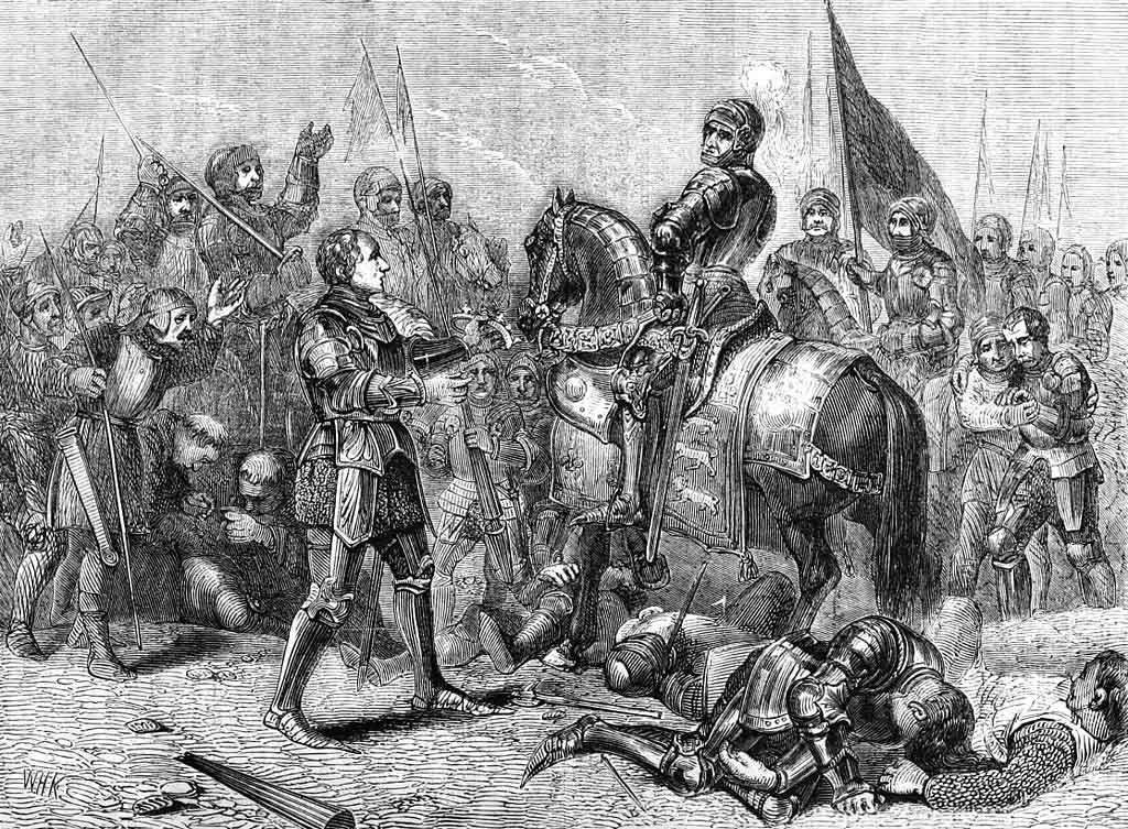 Lord Stanley presents King Richard III's crown to Henry Tudor after the Battle of Bosworth Field on 22nd August 1485 in the Wars of the Roses