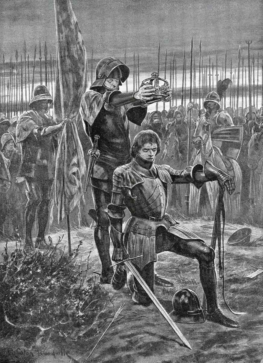 King Henry VII crowned after the Battle of Bosworth Field on 22nd August 1485 in the Wars of the Roses: picture by Richard Caton Woodville