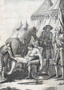 Body of King Richard III loaded onto a horse to be taken into Leicester after the Battle of Bosworth Field on 22nd August 1485 in the Wars of the Roses