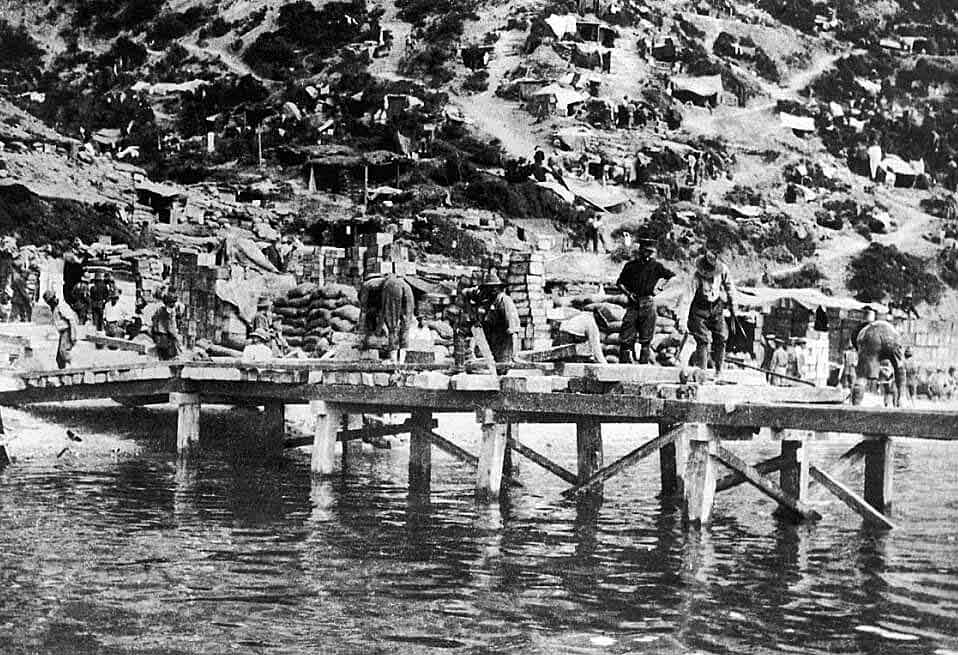 Australian engineers building a jetty at Anzac Cove on Gallipoli 25th April 1915: Gallipoli Part III, ANZAC landing on 25th April 1915 in the First World War