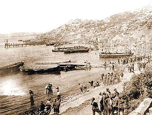 Anzac Cove showing the jetty built by Australian Engineers: Gallipoli Part III, ANZAC landing on 25th April 1915 in the First World War