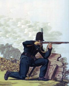 95th Rifles at the Battle of Sabugal on 3rd April 1811 in the Peninsular War: picture by Charles Hamilton Smith