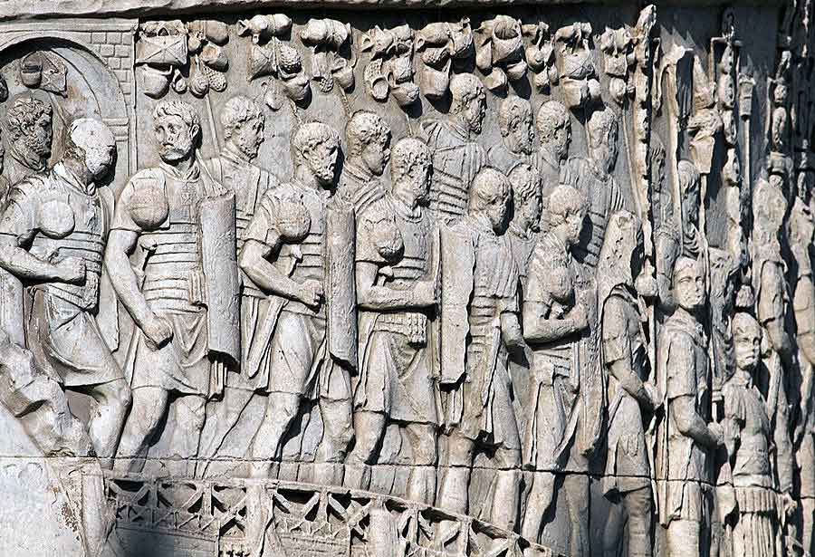 Roman legionaries on Trajan's Column: Battle of Medway on 1st June 43 AD in the Roman Invasion of Britain