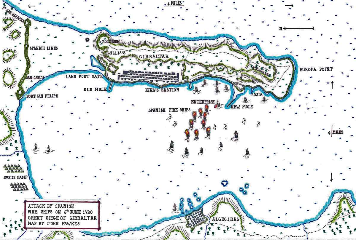 Map of the Spanish Fire Ship attack on the night of 6th/7th June 1780: the Great Siege of Gibraltar from 1779 to 1783 during the American Revolutionary War: map by John Fawkes