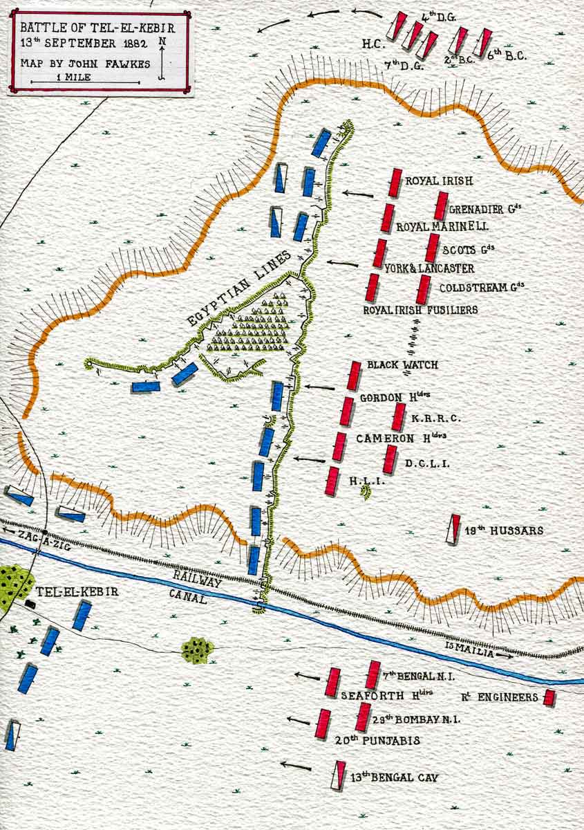 Map of the Battle of Tel-el-Kebir on 13th September 1882 in the Egyptian War: map by John Fawkes