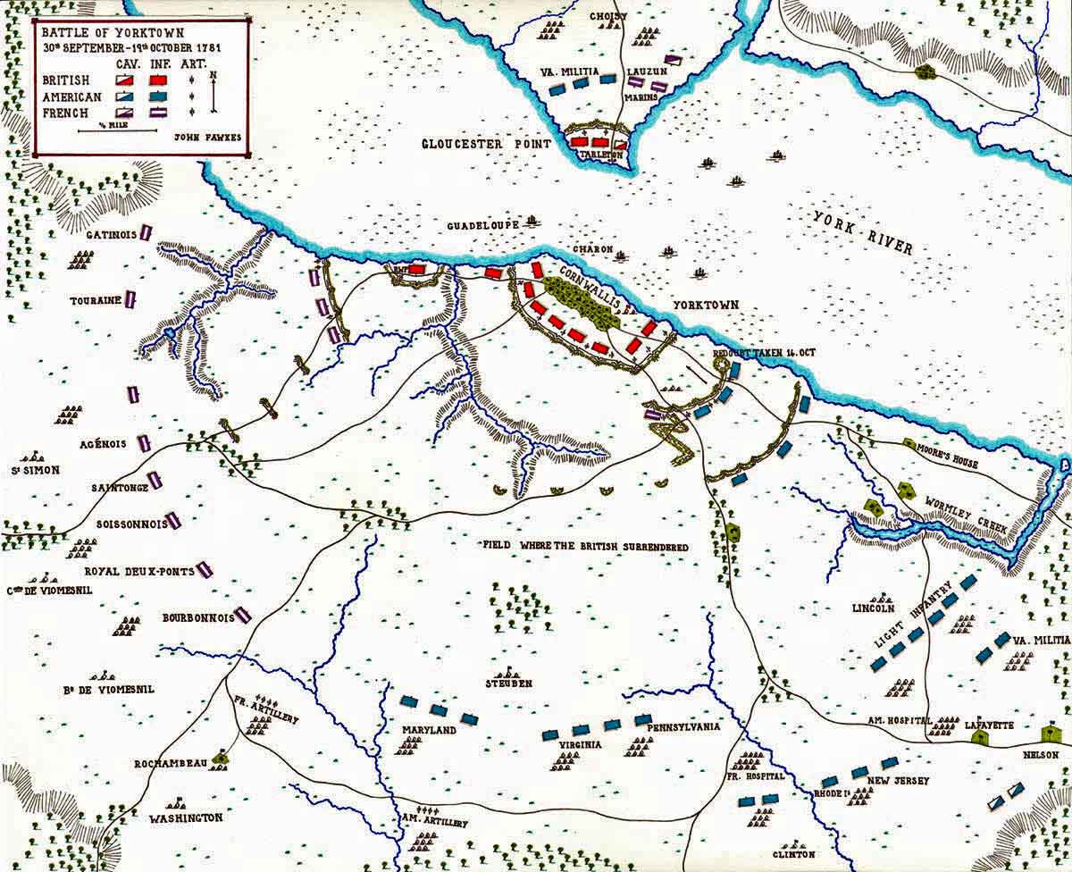 Map of the Battle of Yorktown 28th September to 19th October 1781 in the American Revolutionary War: map by John Fawkes