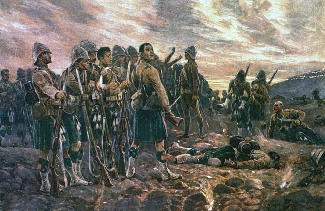 Argyll and Sutherland Highlanders after their heavy casualties as part of the Highland Brigade at the Battle of Magersfontein on 11th December 1899 in the Boer War: picture by Richard Caton Woodville