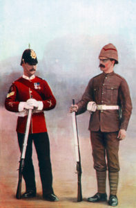 Gloucester Regiment Colour Sergeant in home service uniform and Private in uniform for service in South Africa in the Boer War